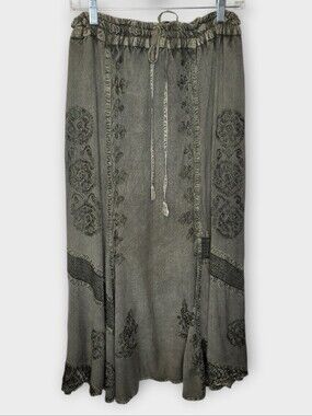 Vtg Braja Embroidered Maxi Skirt One Size Olive Forest Fairy Mori Girl